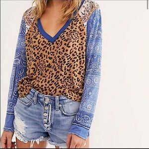 Free People Friday Night Mixed Print Leopard Bandana Tee XS